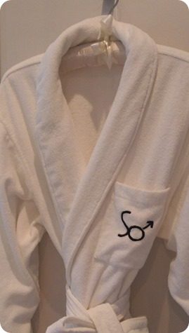 廁所的部份也有金屬荷葉設計，牆上掛著的浴袍，口袋上的SO字樣，這是男性的標示